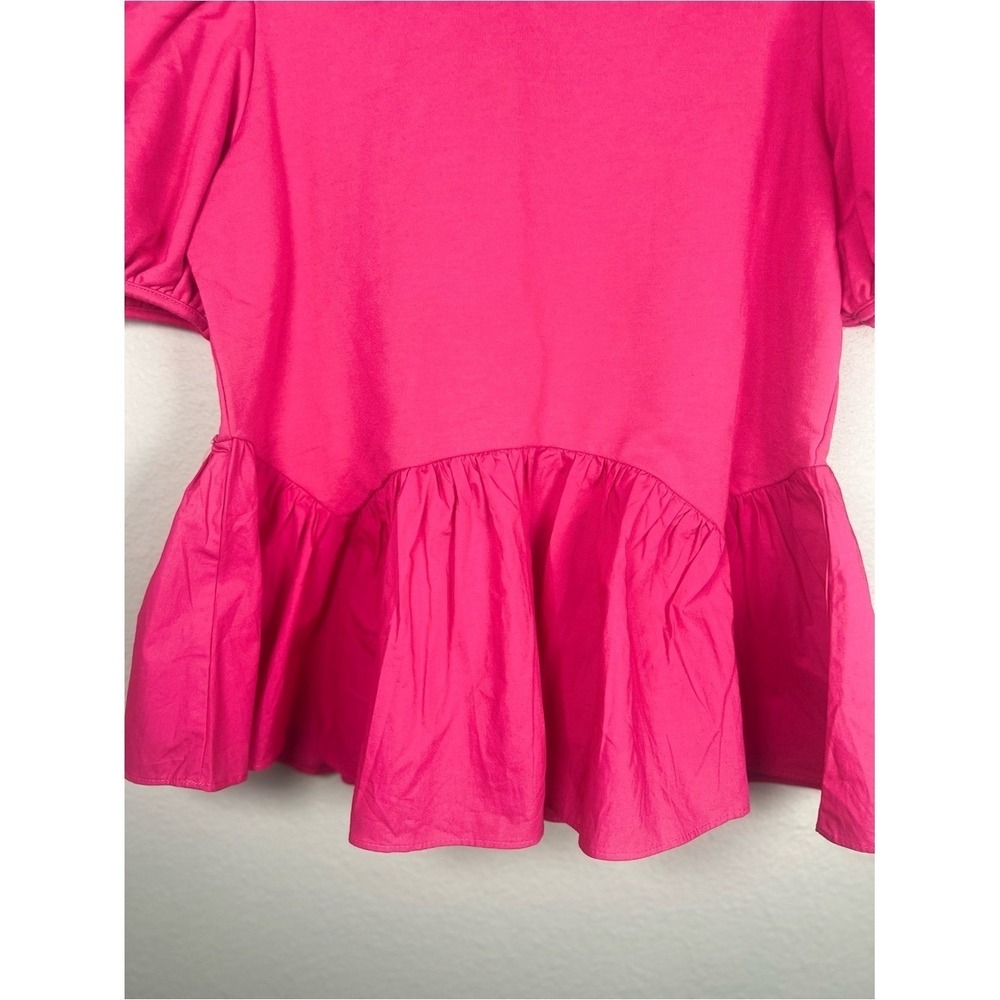 English Factory Mixed Media Puff Sleeve Peplum Top Pink XS NWT Crewneck Blouse - Picture 5 of 10